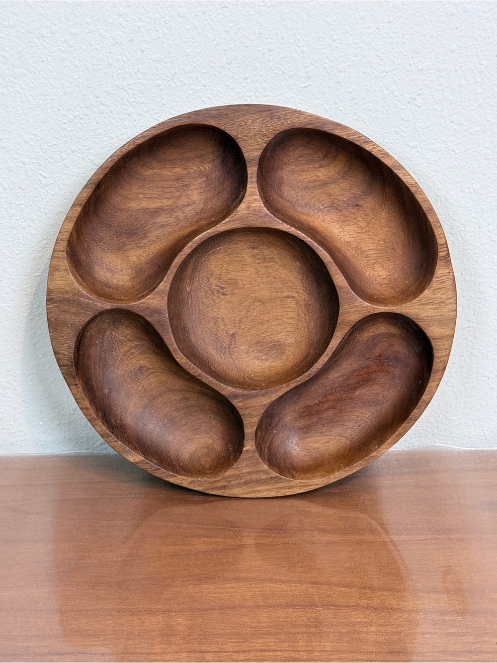Vintage Carved Round Teak Wood 5-Compartment Serving Bowl 11 inch